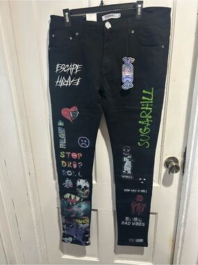 Sugarhill Black Skinny Jeans with Graphic Patch Details